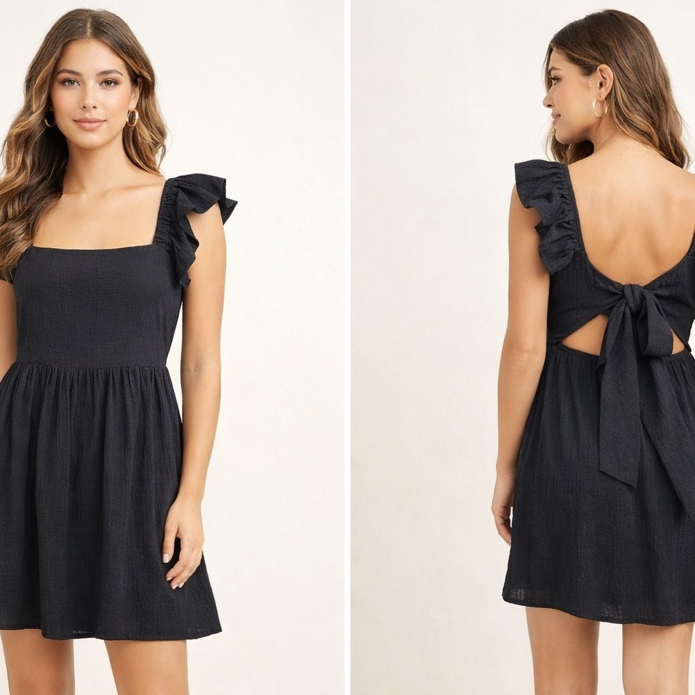 Mi Ami Black Ruffle Sleeve Open Back Dress Size L NWT
